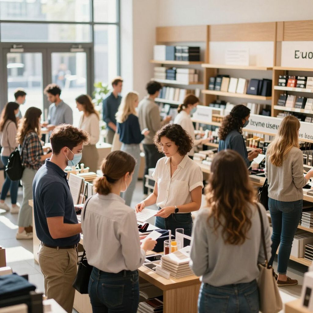 People browsing and talking in a bright bookstore with shelves, tables, and displays.