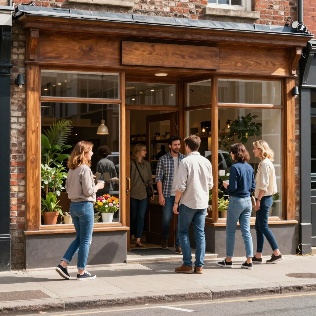 People chatting outside a small storefront with large windows on a sunny street