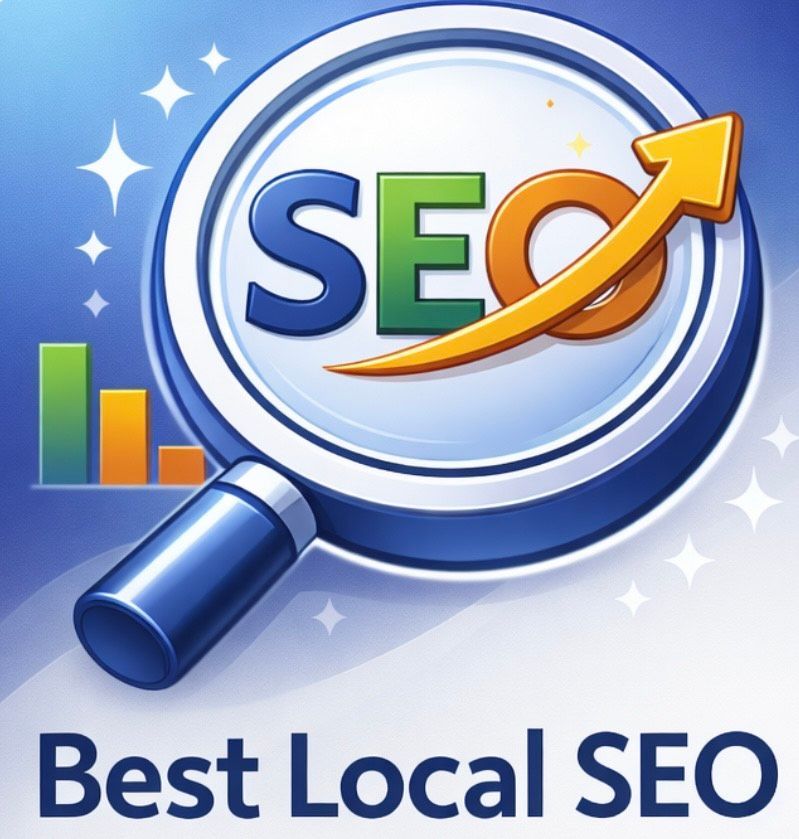 Magnifying glass over "SEO" with upward arrow, progress bars, sparkles, "Best Local SEO" text.