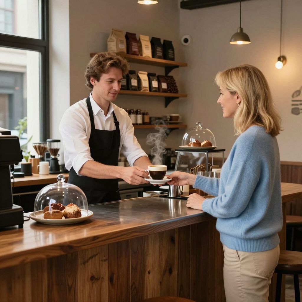Barista serving coffee to a customer at a cafe counter with pastries on display
