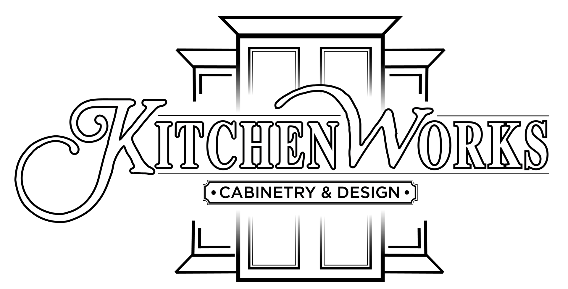 Black-and-white Kitchen Works cabinetry and design logo with stylized text and architectural framing