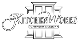 Black-and-white Kitchen Works cabinetry and design logo with stylized text and architectural framing