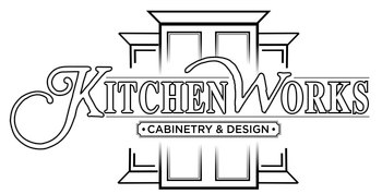 Black-and-white Kitchen Works cabinetry and design logo with stylized text and architectural framing