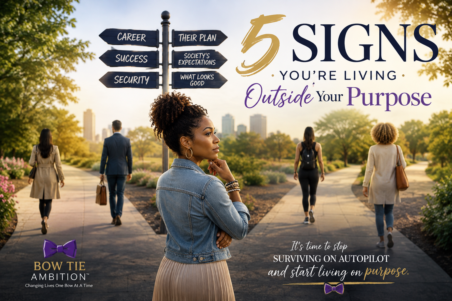 Woman pauses at a crossroads with signs representing career and success while considering purpose.