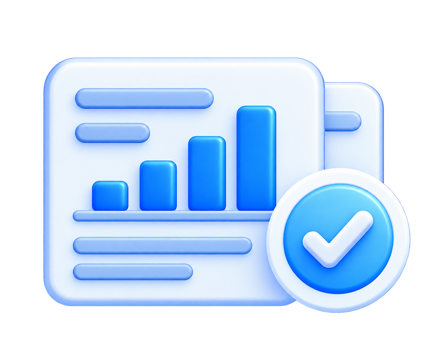 Blue analytics dashboard icon with bar chart and a checkmark badge