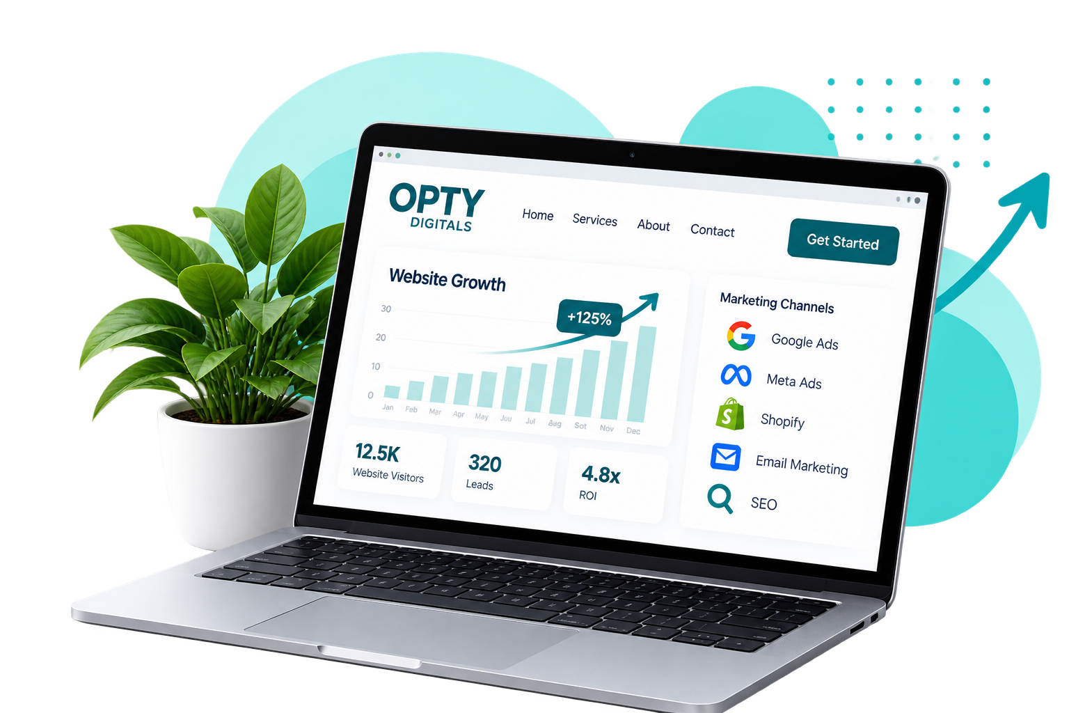 Laptop and phone displaying a website builder homepage with teal accents and a potted plant beside them