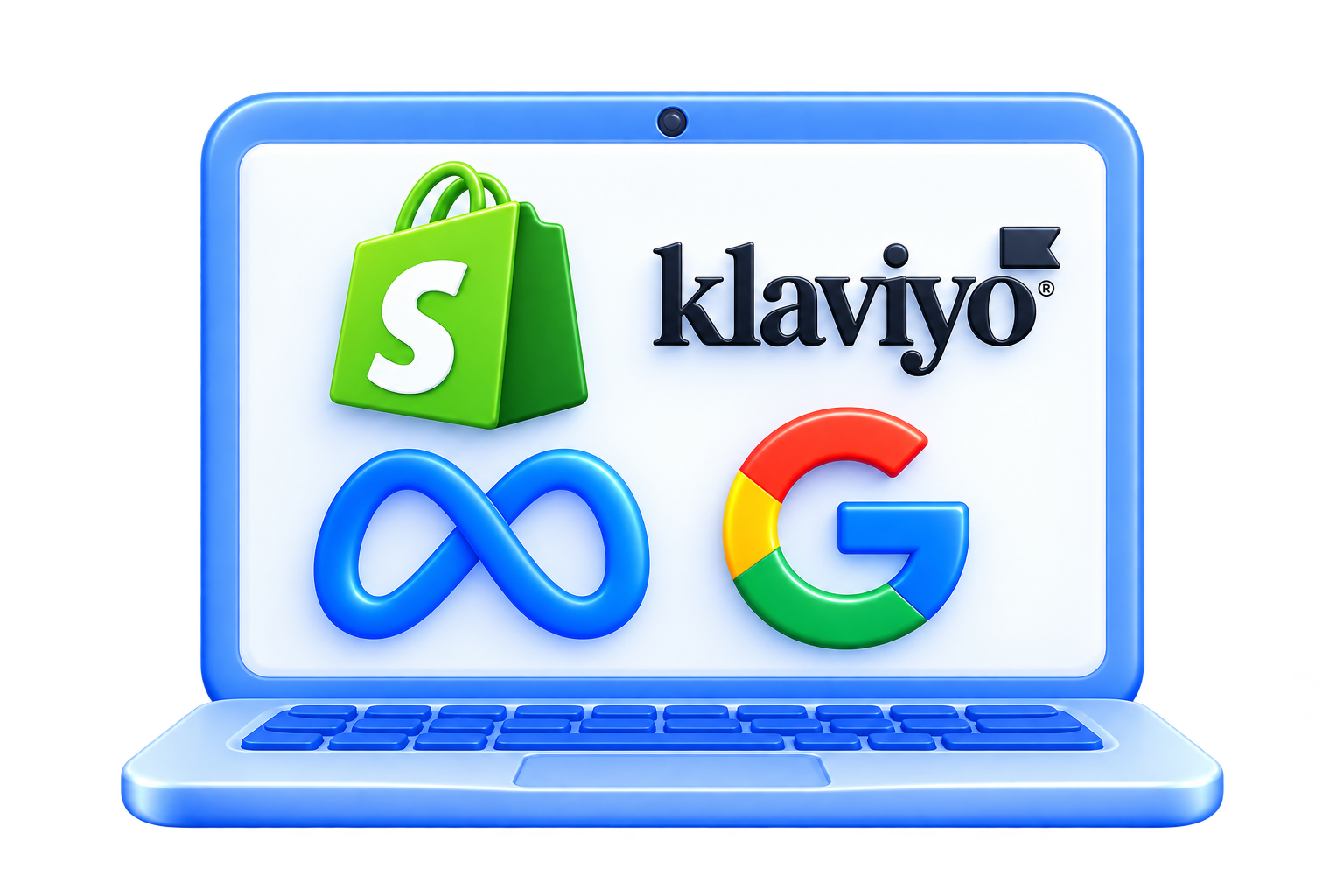 Blue laptop displaying Shopify, Klaviyo, Meta, and Google logos on screen