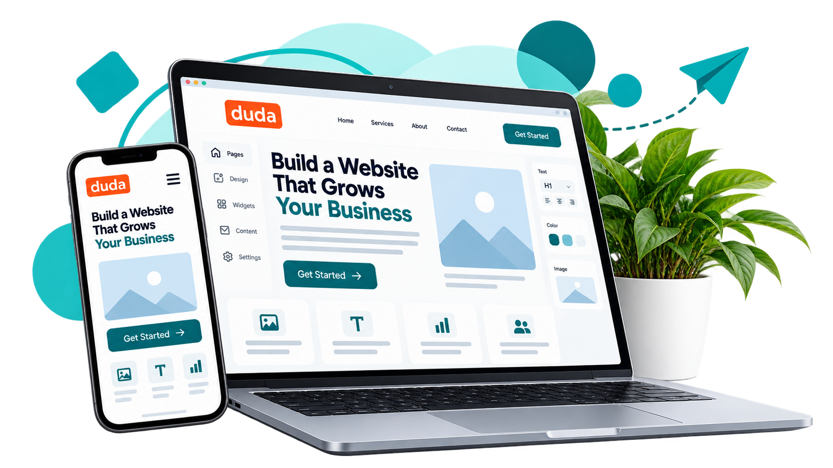 Laptop and phone displaying a website builder homepage with teal accents and a potted plant beside them