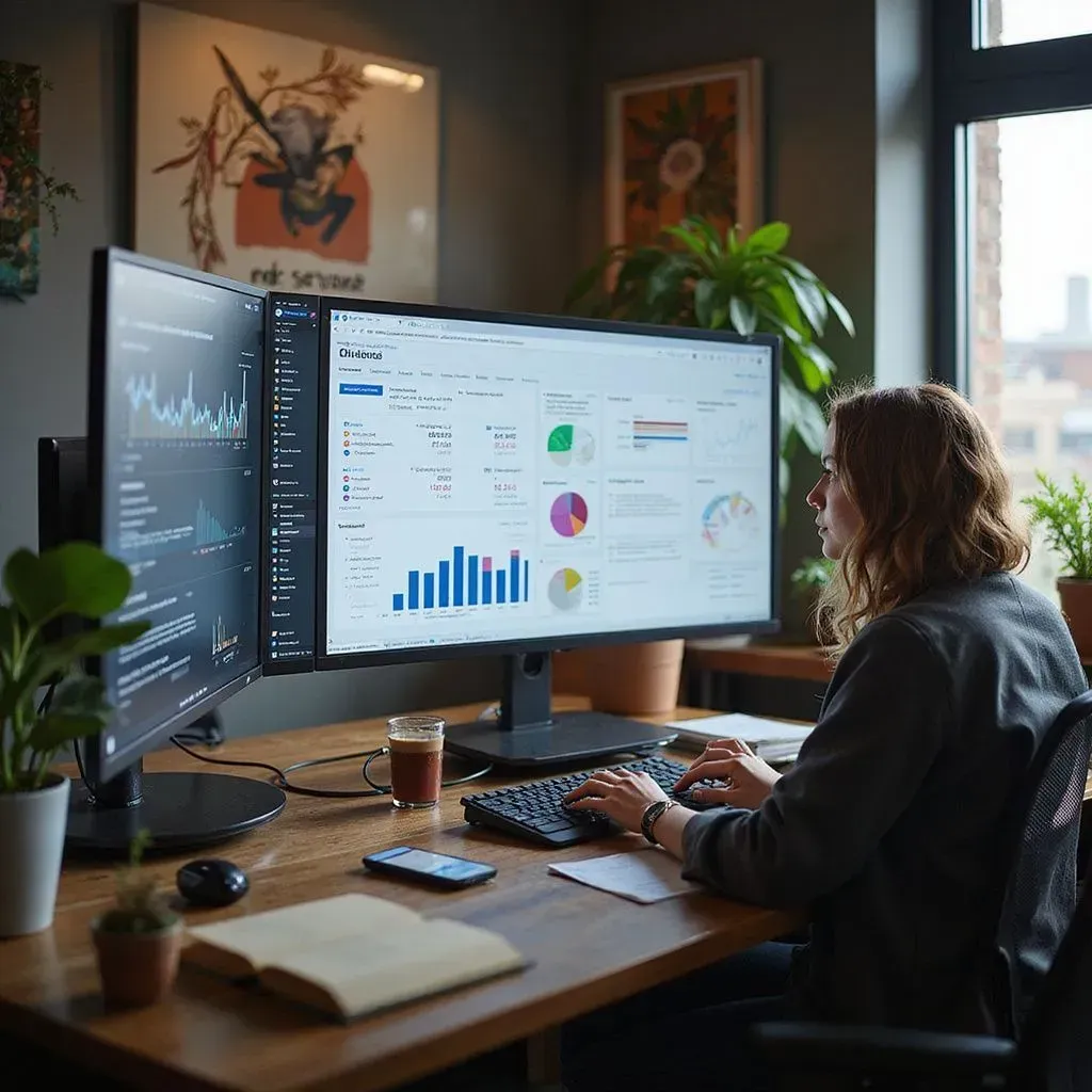 Person working at a desk with dual monitors showing analytics dashboards in a home office