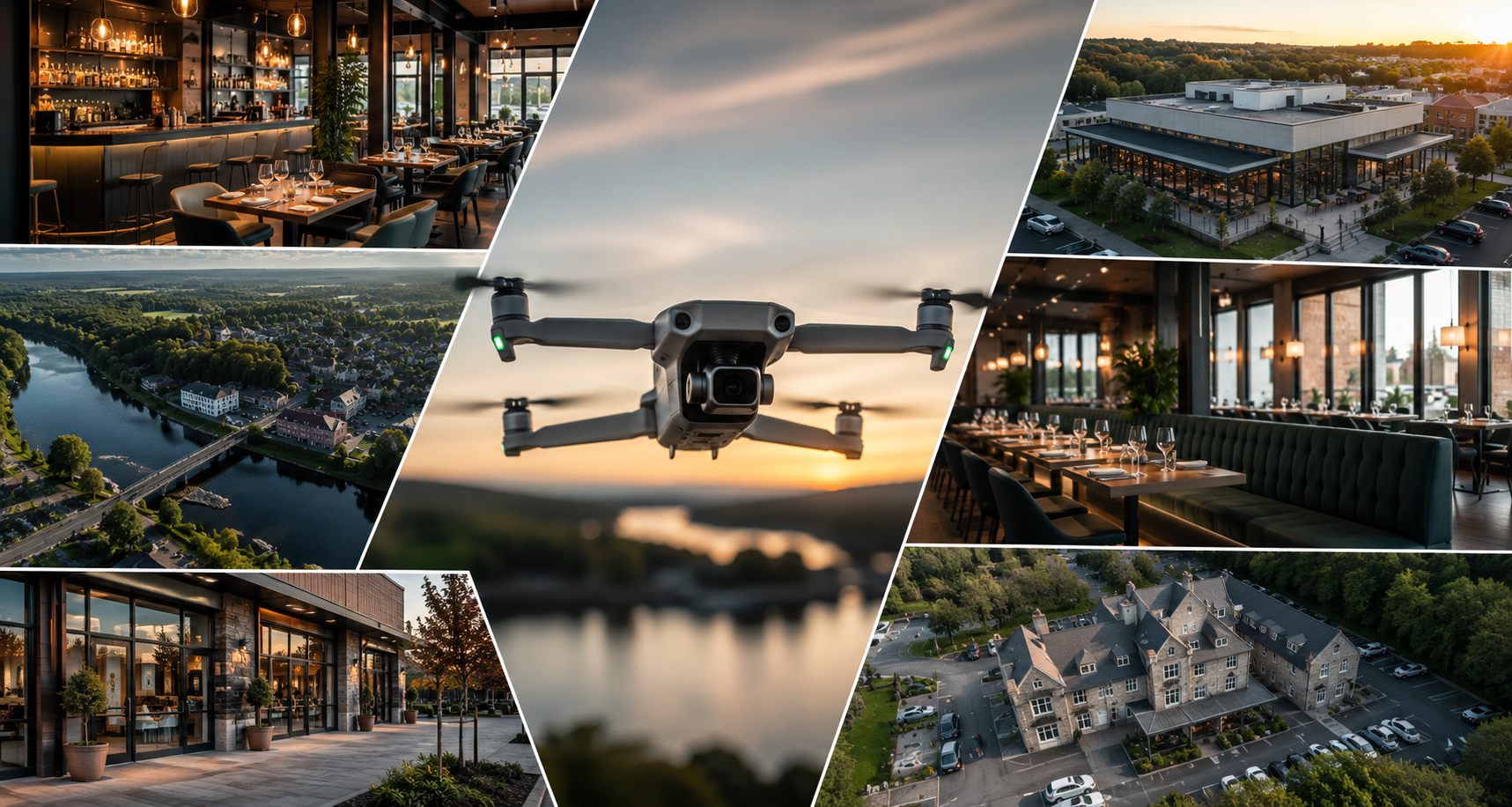 Collage of luxury waterfront homes and a drone flying at sunset over a river and modern estates