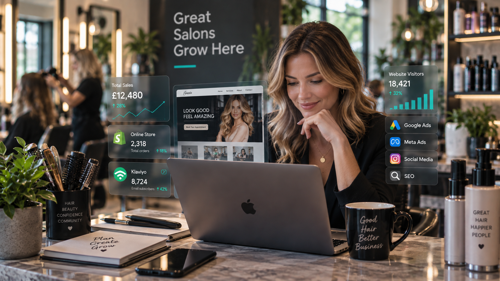 Woman working on a laptop in a salon with digital analytics overlays and the text “Great Salons Grow Here”