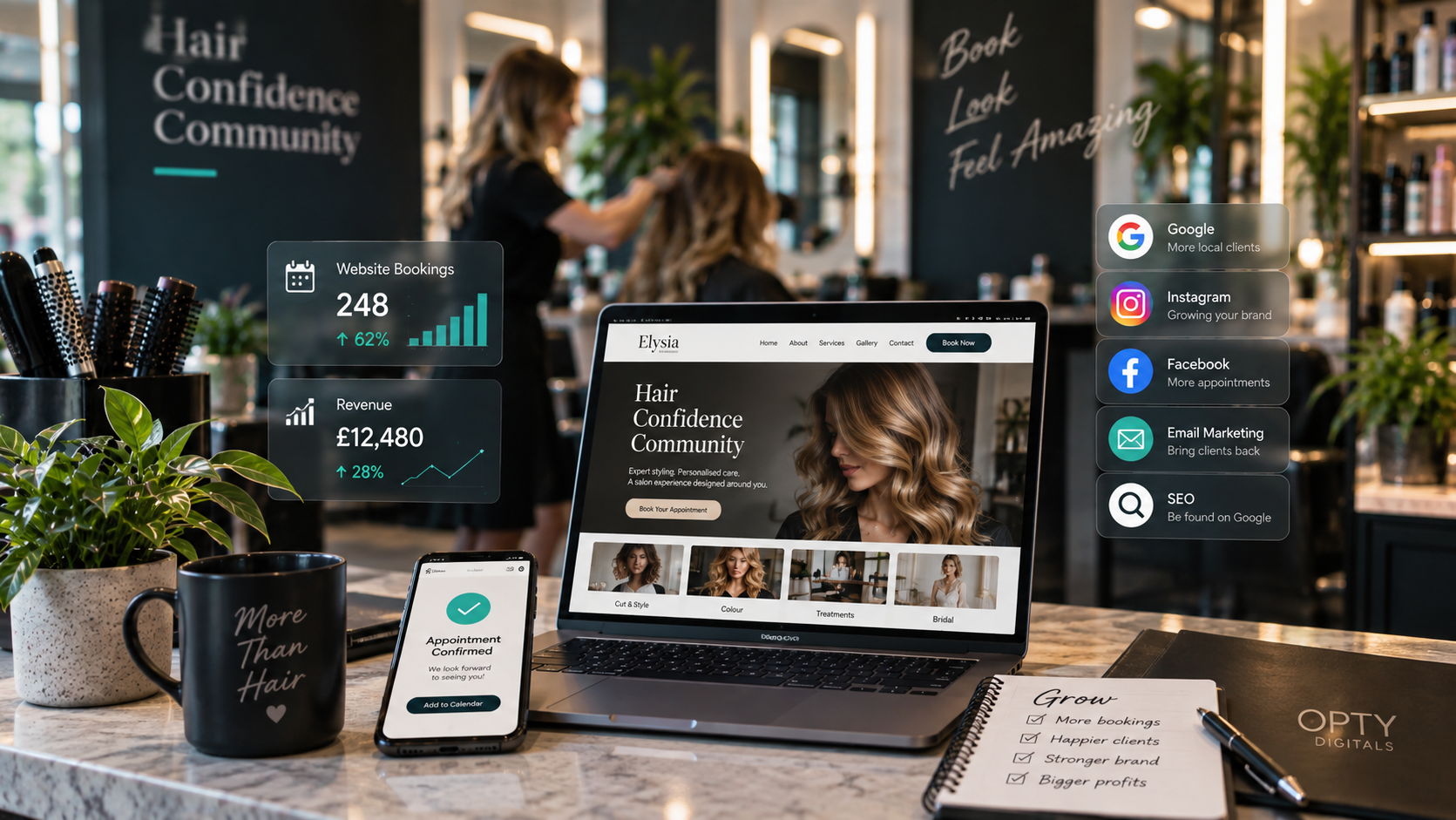 Stylish desk setup with laptop, phone, plants, and branding screens in a modern office lobby