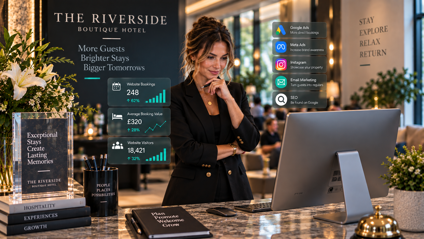 Hotel front desk with a woman speaking on the phone beside a laptop and digital service signs