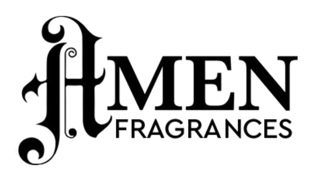 AMEN FRAGRANCES logo in black with ornate gothic-style “A” on white background