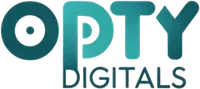 Opty Digitals logo in teal with a magnifying glass icon and lowercase text