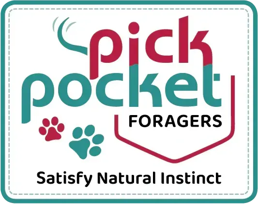 Pick Pocket Foragers logo in teal and pink with paw prints and the tagline “Satisfy Natural Instinct”