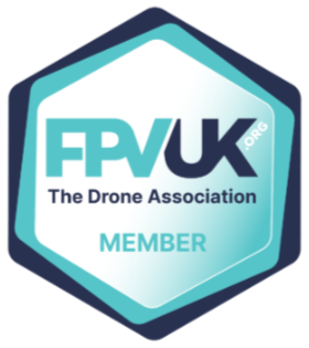 FPV UK Drone Association member badge in teal and navy hexagon with white background