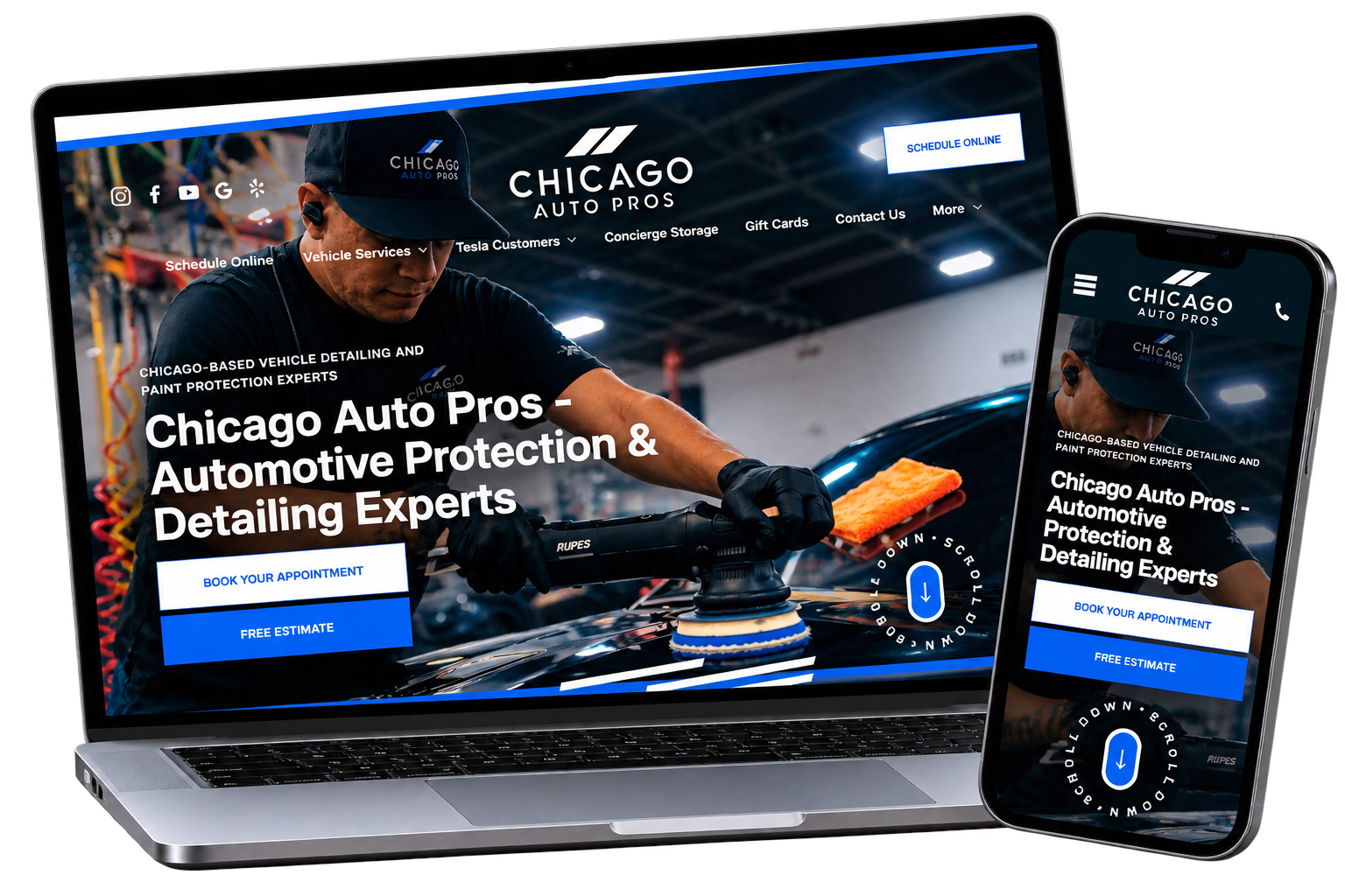 Chicago Auto Pros detailing website shown on laptop and smartphone, with a person cleaning a car on screen