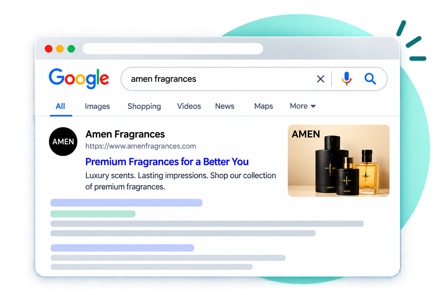 Google search results page for “ammi fragrance” with an Amani Fragrance ad and perfume bottles.