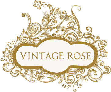 Gold ornate floral logo reading “VINTAGE ROSE” on a white background