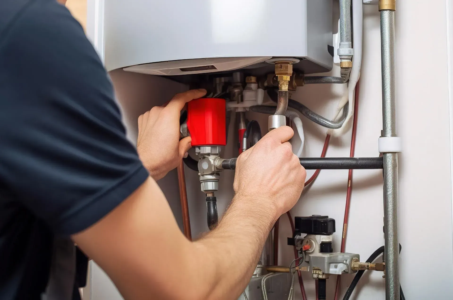 Person working on a water heater, red valve, pipes, indoor setting.