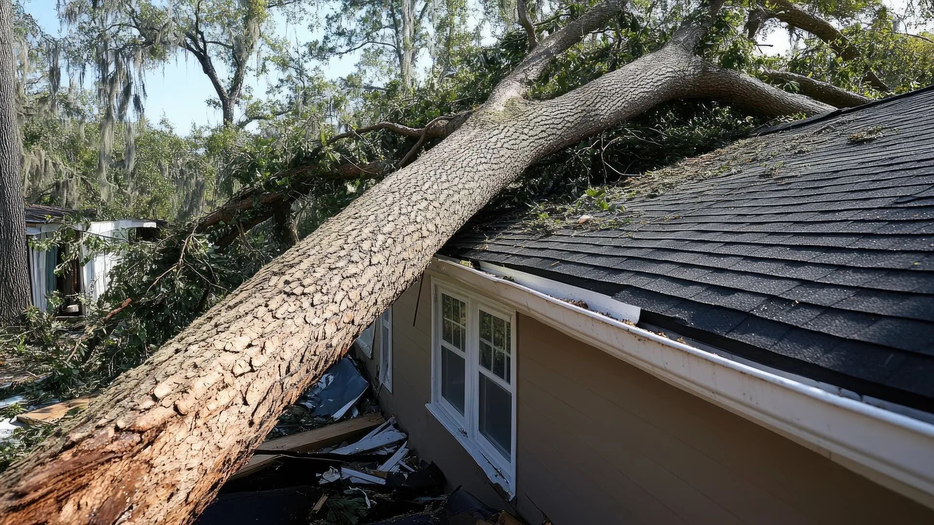 Large tree fallen onto a house roof, crushing shingles and extending over the side of the home.
