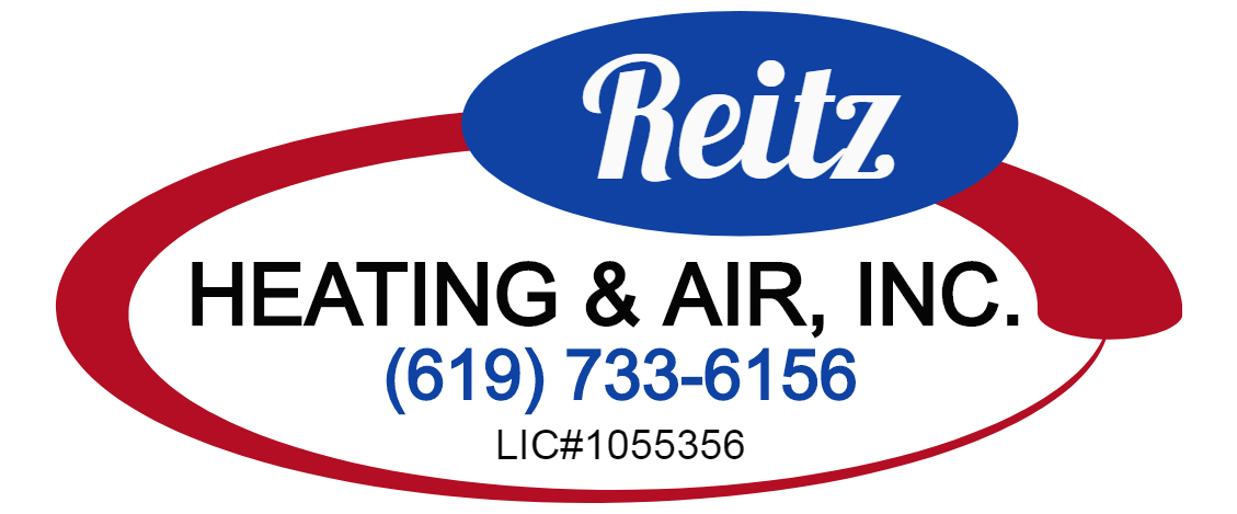 Reitz Heating & Air, Inc. logo with red oval, blue name, and phone number (619) 733-6156