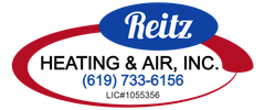 Reitz Heating & Air, Inc. logo with red oval, blue name, and phone number (619) 733-6156