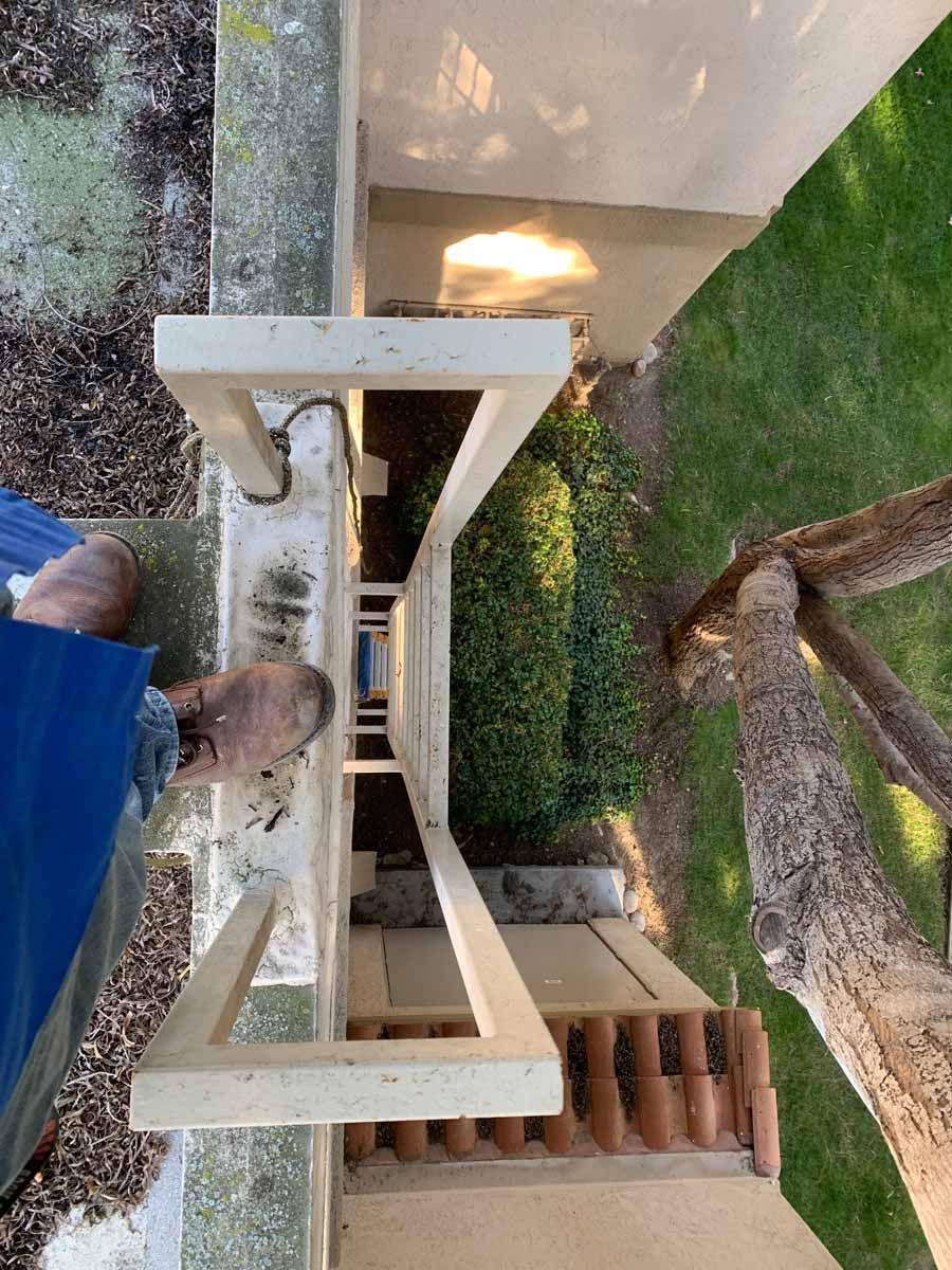 Top-down view of a person on a narrow outdoor staircase beside a lawn and concrete path