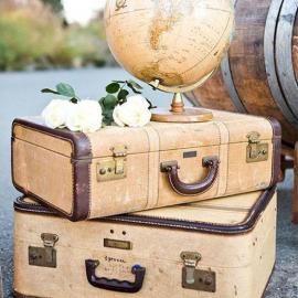 Vintage suitcases stacked with a globe and white roses on top