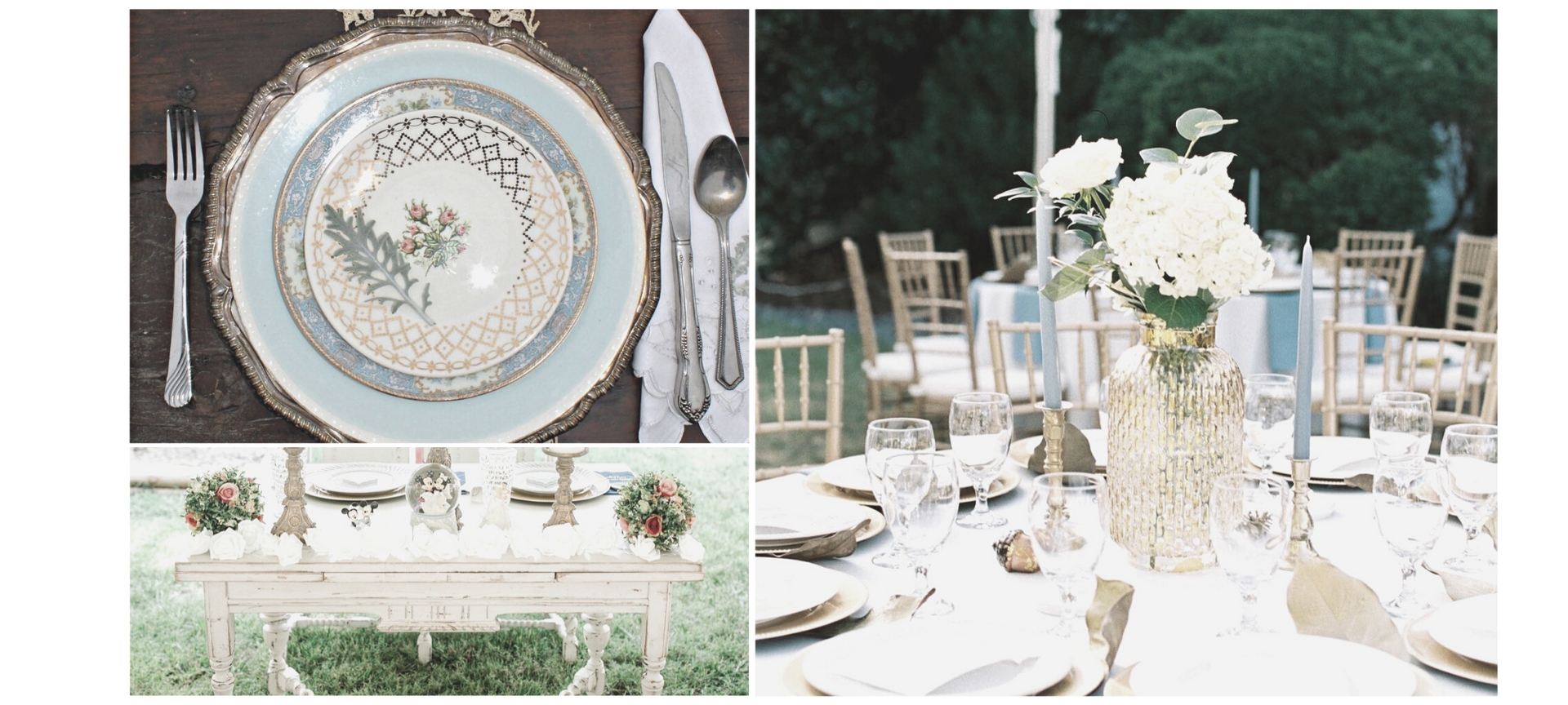 Elegant outdoor wedding table setting with white flowers, china, and place settings in a garden venue