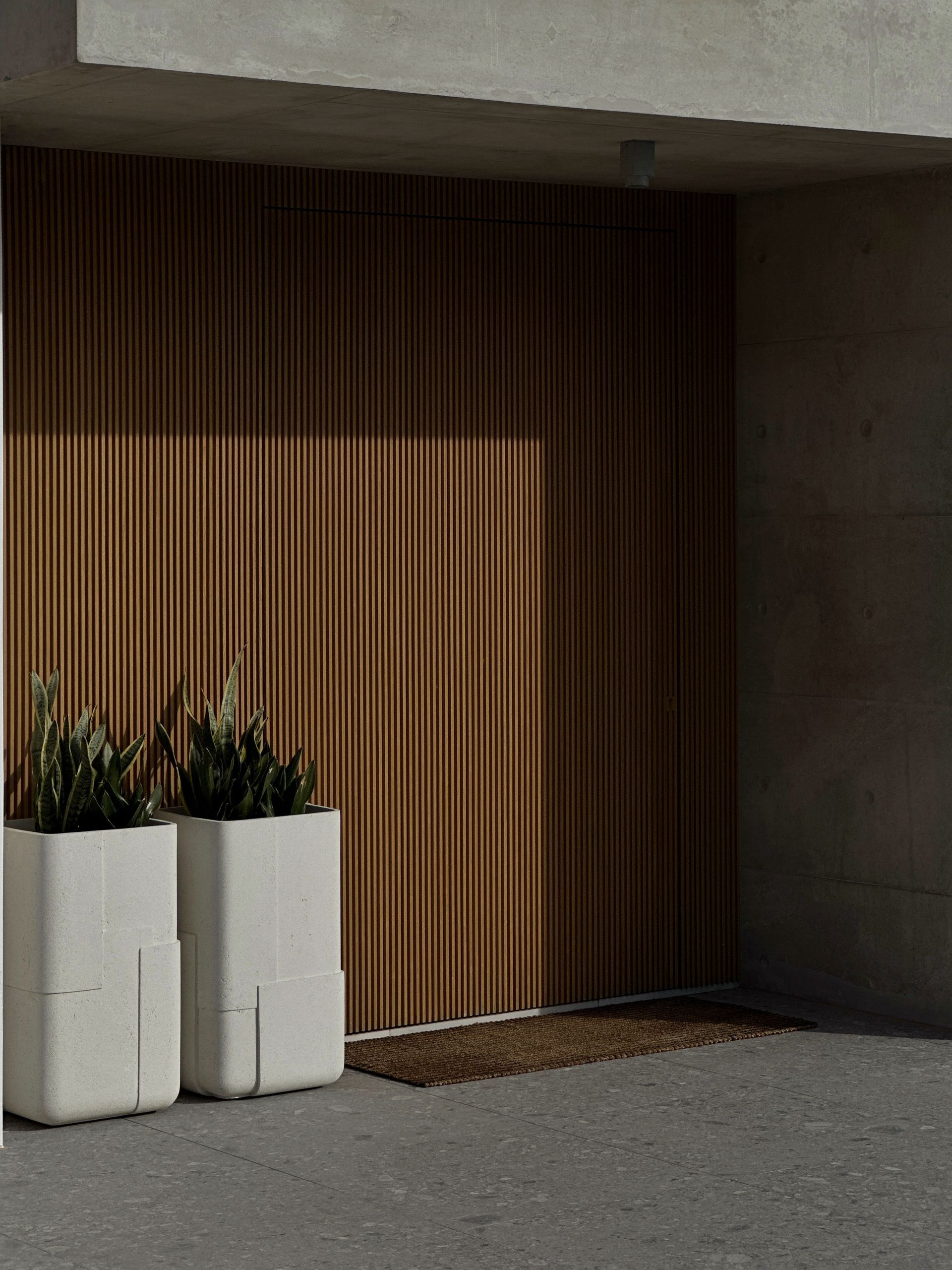 Modern villa entrance with timber slatted wall and white planters