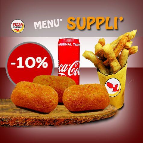 menù supplì, 3 suppli di riso al ragù,1 sfrizzola di pasta fritta, 1 latt. coca cola da 33cl