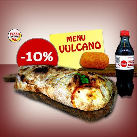 maxi calzone vulcano con pomodoro e mozzarella fior di latte francia, coca cola da 50 cl, 1 suppli