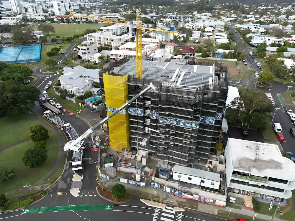 An Aerial View of a Building Under Construction in a City — All Coast Scaffolding In Yandina, QLD
