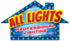 Logo for "All Lights Professional Lighting" in a house shape with festive lights.
