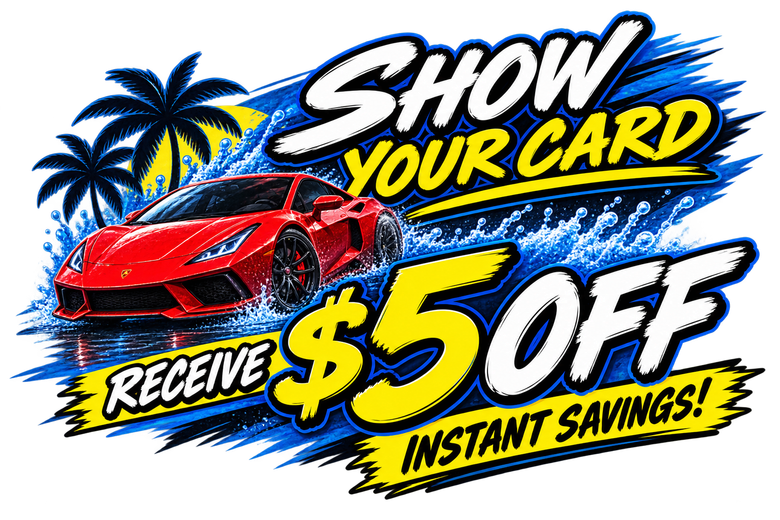 Red sports car promo graphic: “Show Your Card,” “Receive $5 Off,” “Instant Savings!”