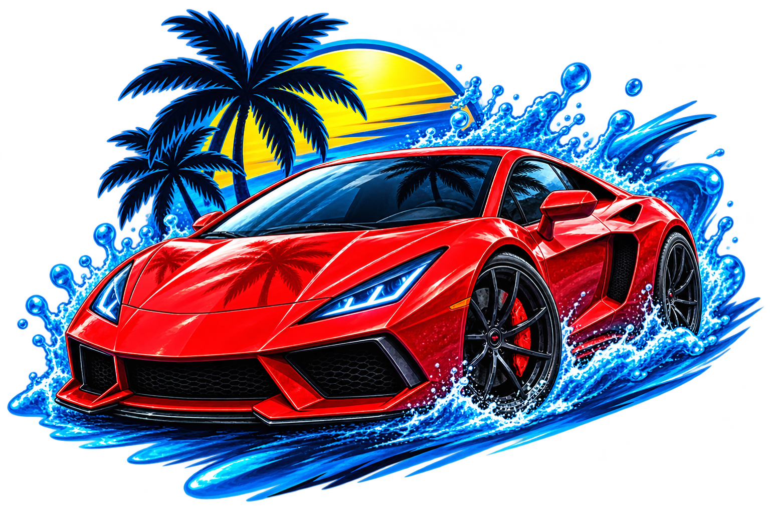 Red sports car speeding through blue water spray with palm trees and a sunset backdrop