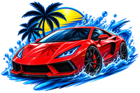 Red sports car speeding through blue water spray with palm trees and a sunset backdrop