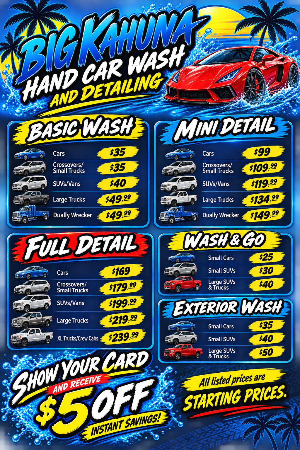 Colorful car wash price menu with Basic Wash, Mini Detail, Full Detail, Wash & Go, and Exterior Wash services