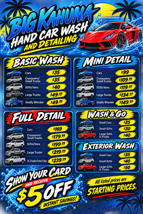 Colorful car wash price menu with Basic Wash, Mini Detail, Full Detail, Wash & Go, and Exterior Wash services