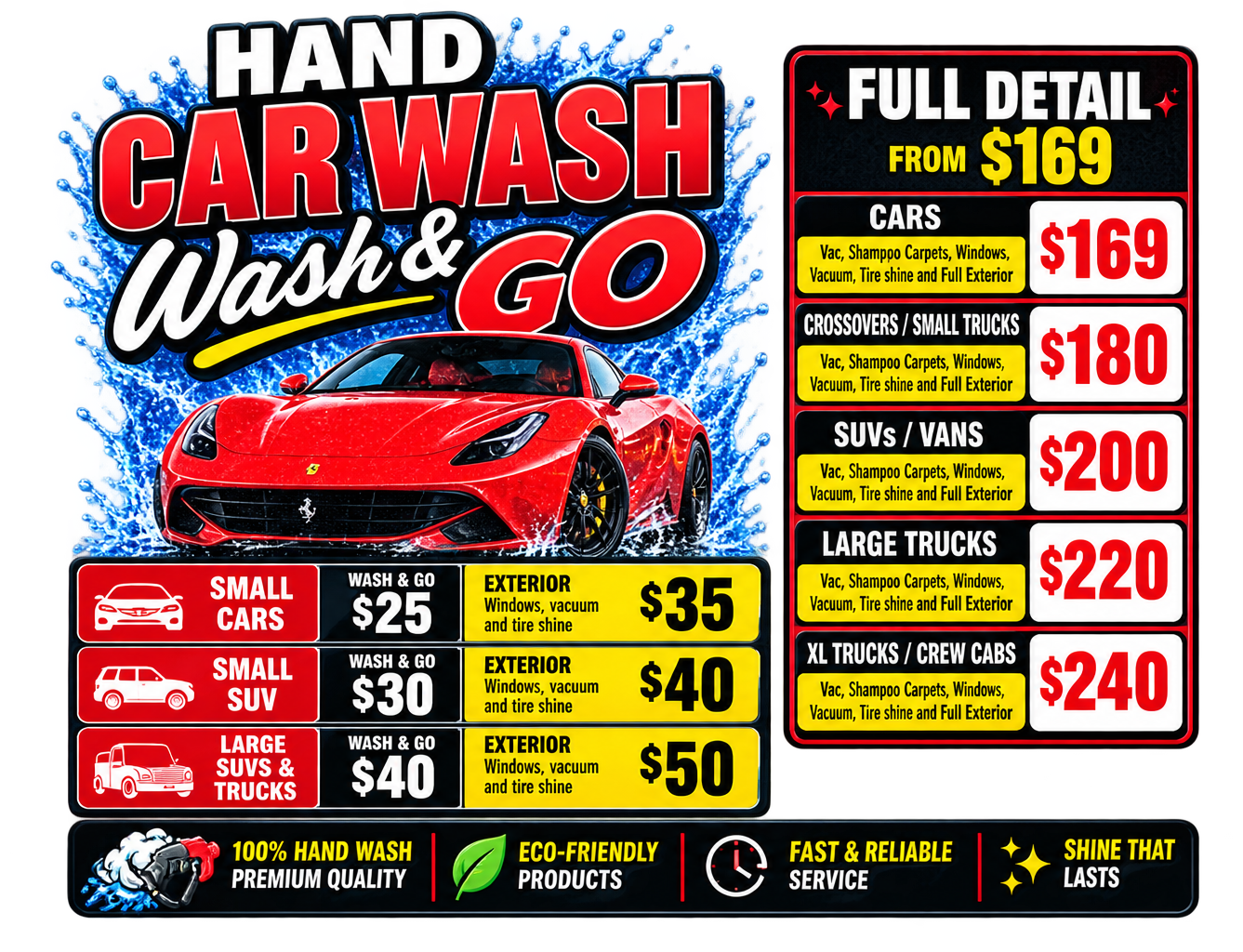 Hand car wash ad with red sports car and pricing for full detail, wash, wax, and interior cleaning