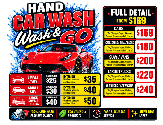 Hand car wash ad with red sports car and pricing for full detail, wash, wax, and interior cleaning