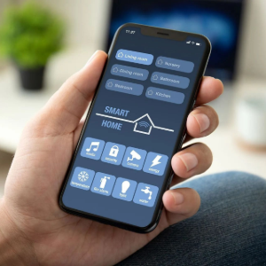 Hand holding smartphone showing smart home control app with blue icons and house graphic