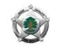 Silver circular badge with a green tree emblem and banner detail in the center