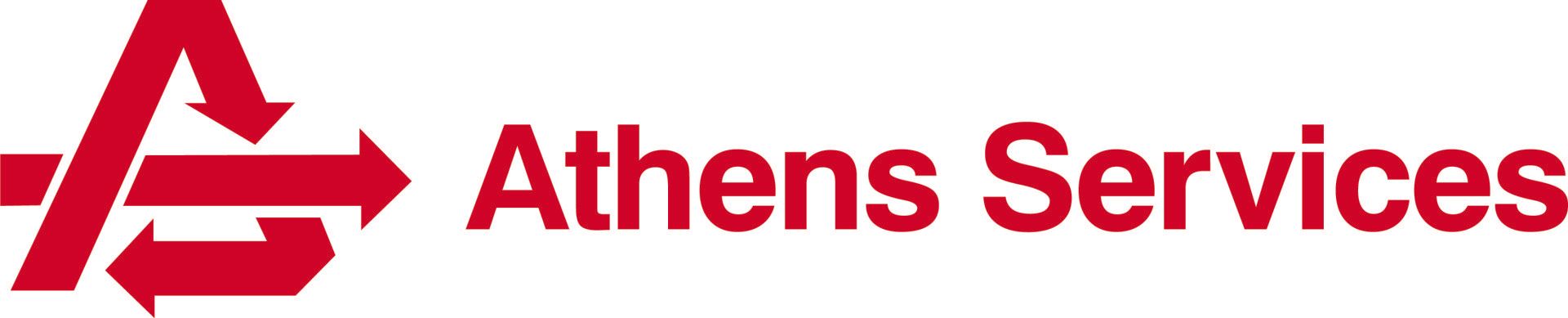 A red and white logo for athens services