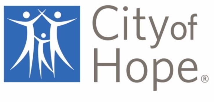 The city of hope logo is blue and white