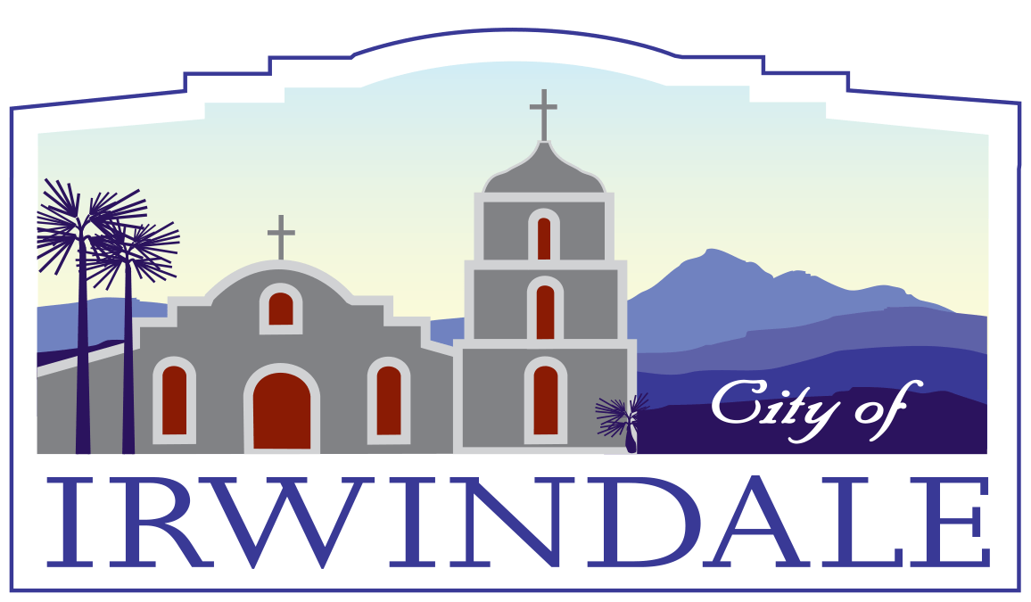 A logo for the city of irwindale with a church and palm trees