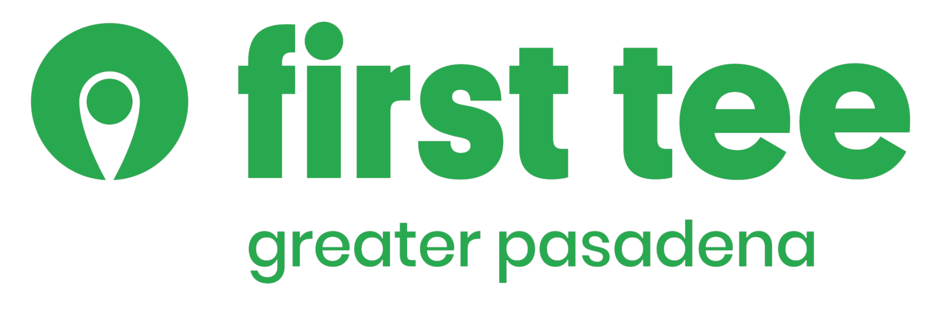 A green and white logo for first tee greater pasadena