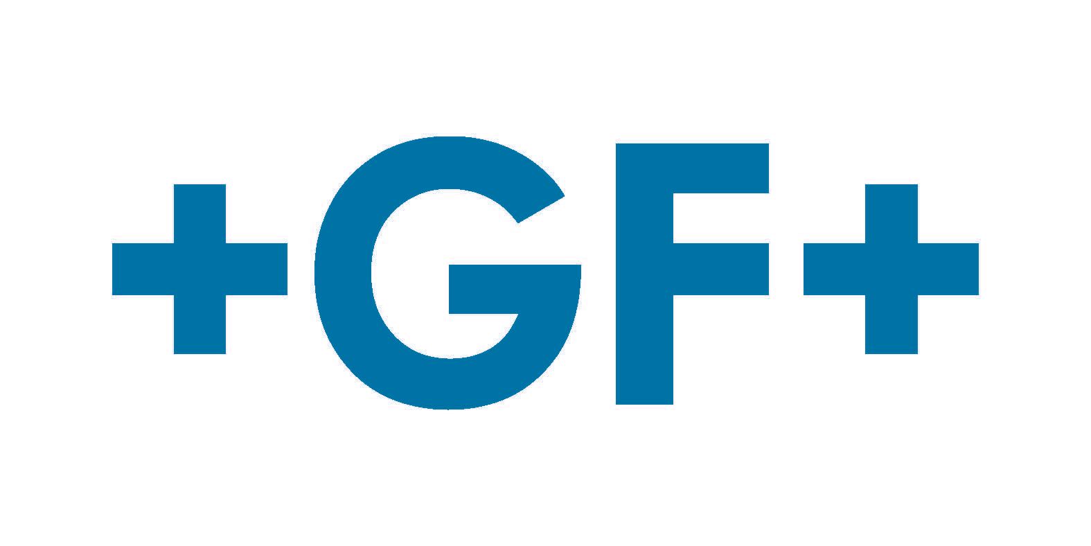 The logo for gf + is blue and white and looks like a cross.